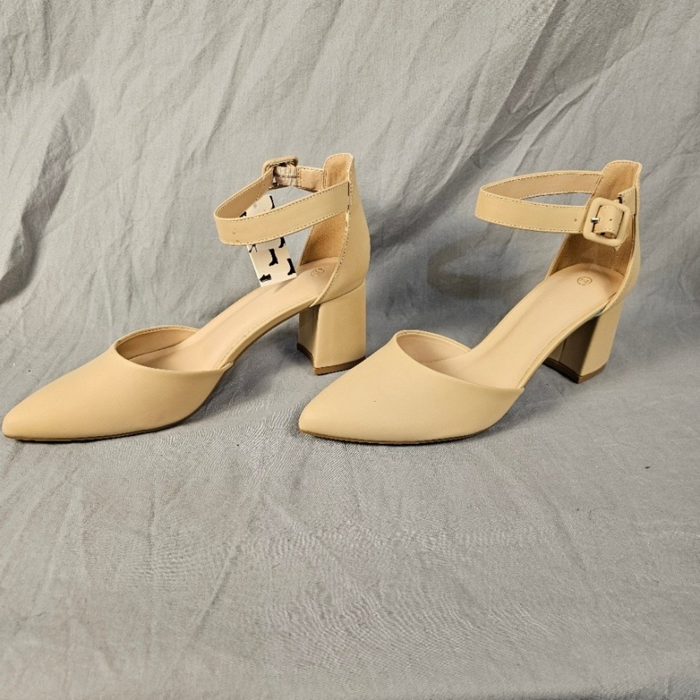 Mysoft Womens Pointed Toe Block Heel Ankle Strap Pumps Nude Beige Size 9.5W